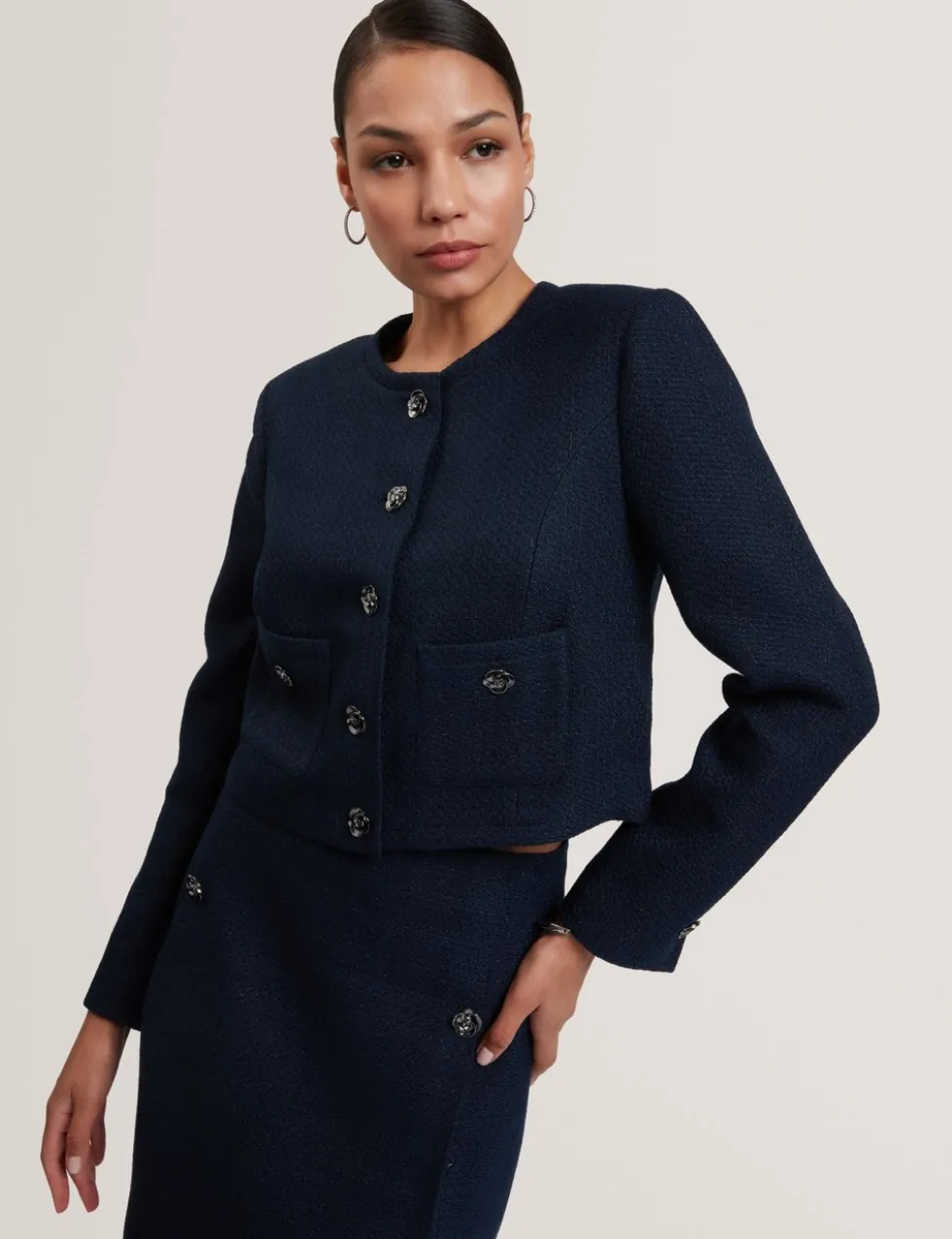 Bouclé Collarless Cropped Tailored Jacket