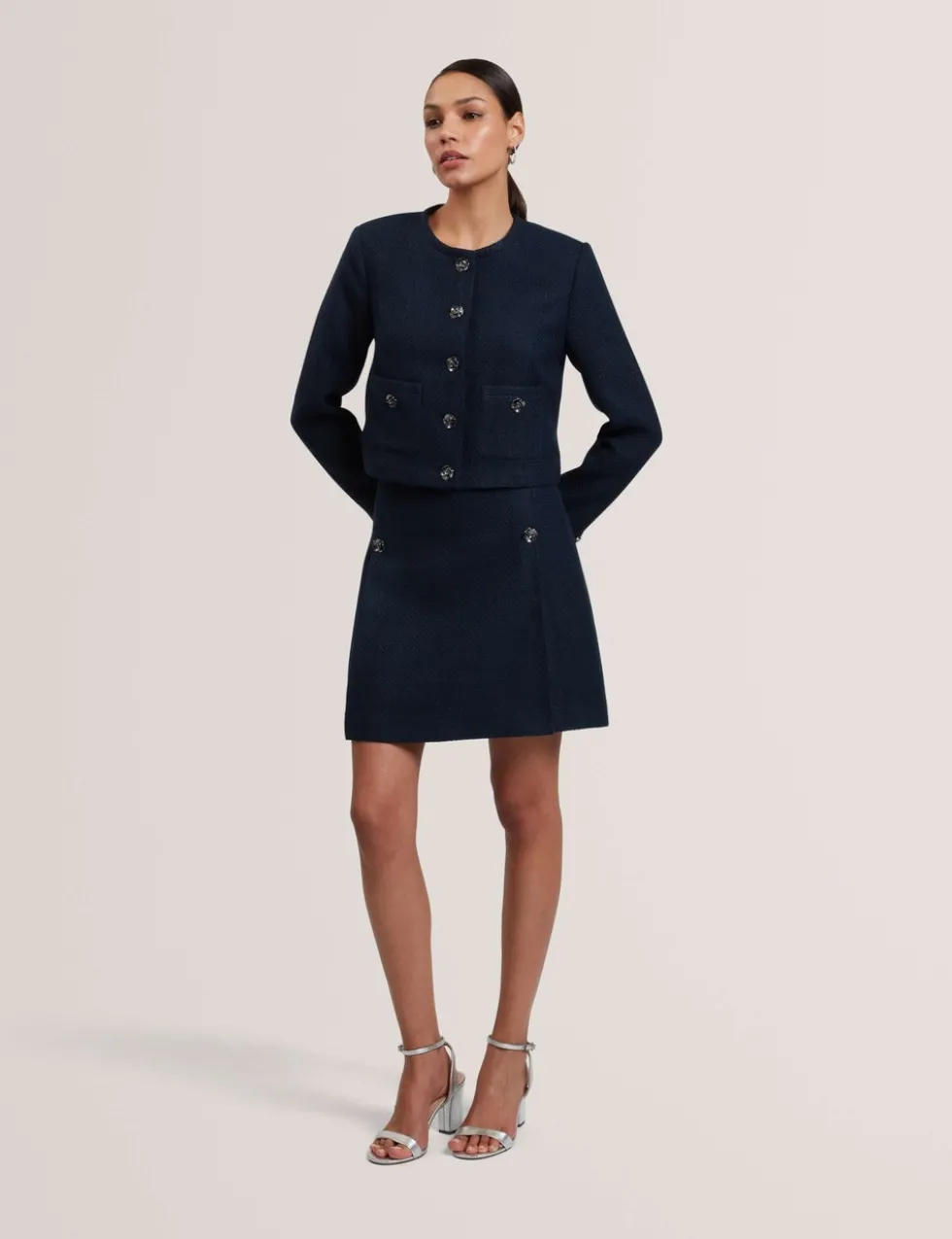 Bouclé Collarless Cropped Tailored Jacket