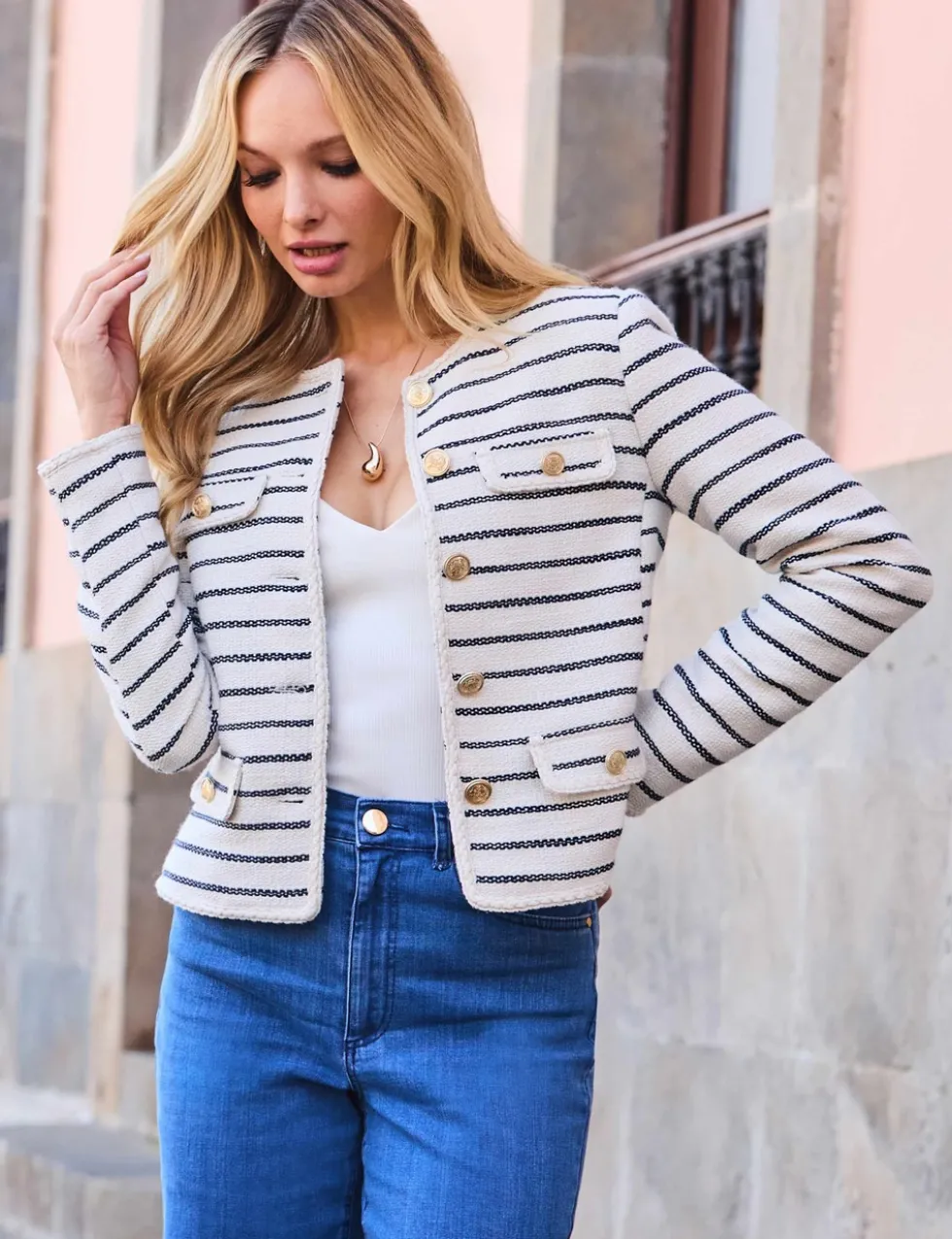 Bouclé Striped Collarless Jacket