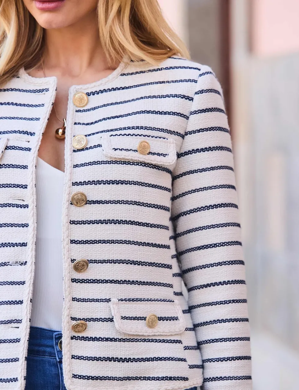 Bouclé Striped Collarless Jacket