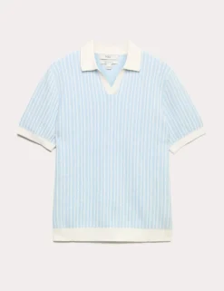 Boucle Striped Open Neck Knitted Polo Shirt