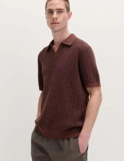 Boucle Striped Open Neck Knitted Polo Shirt