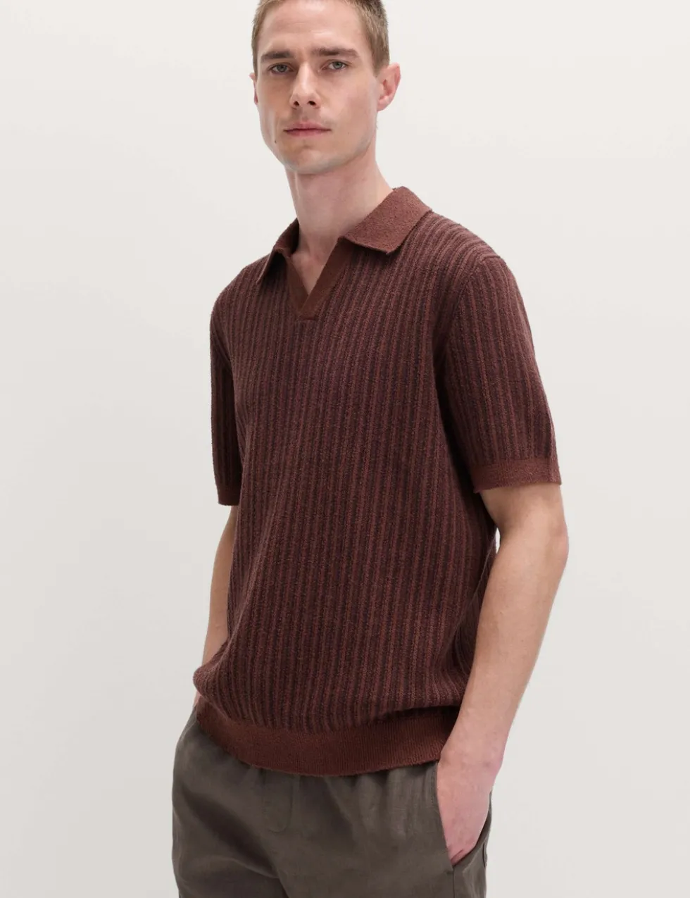 Boucle Striped Open Neck Knitted Polo Shirt