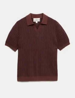 Boucle Striped Open Neck Knitted Polo Shirt
