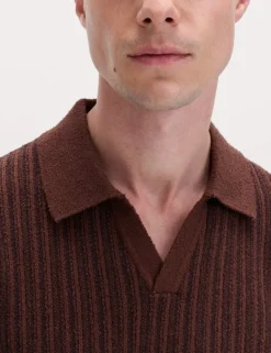 Boucle Striped Open Neck Knitted Polo Shirt