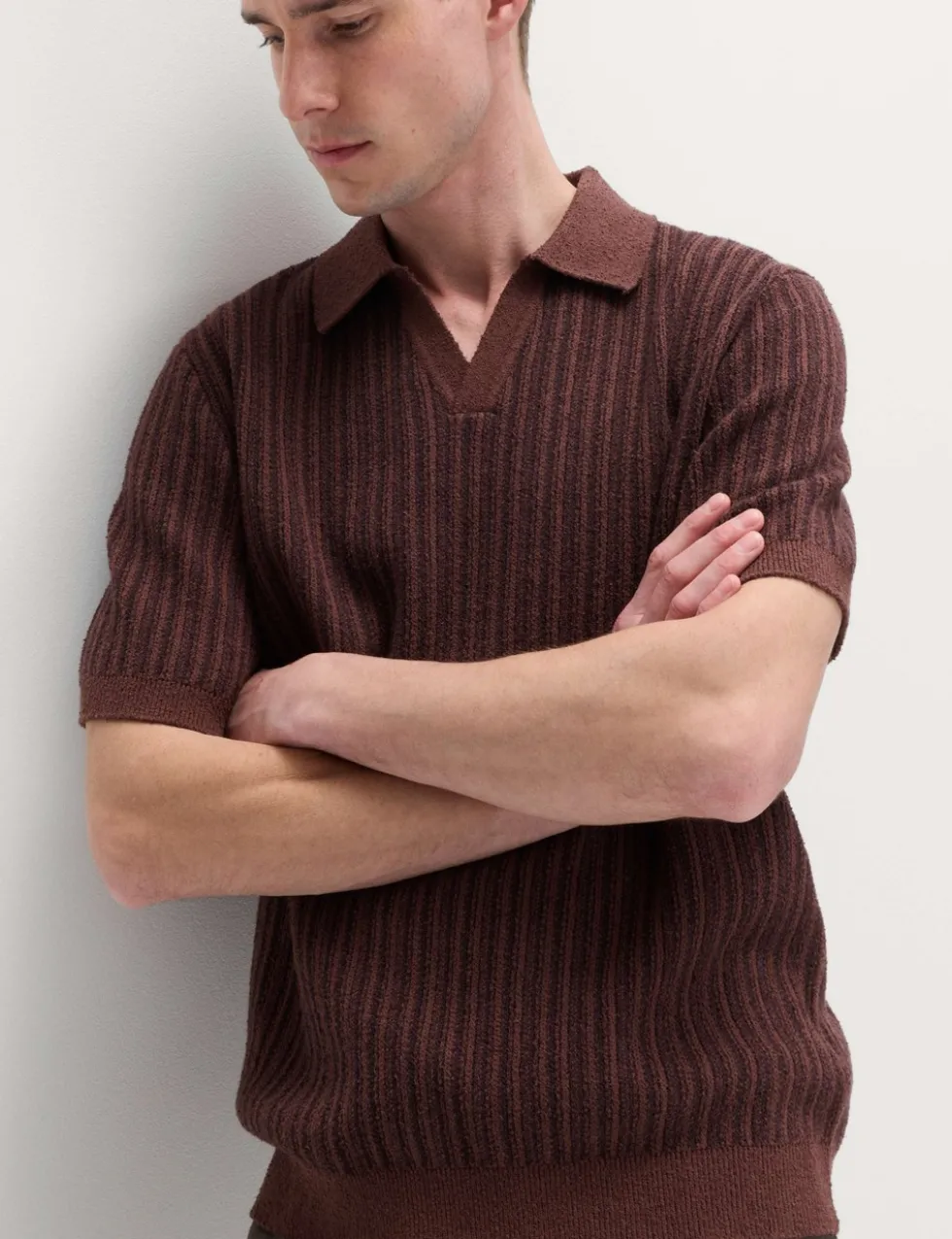 Boucle Striped Open Neck Knitted Polo Shirt