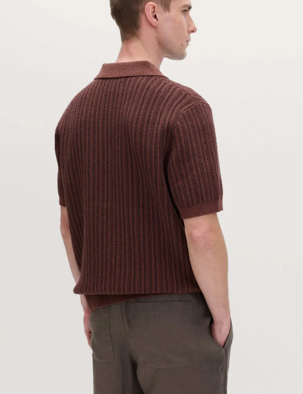 Boucle Striped Open Neck Knitted Polo Shirt
