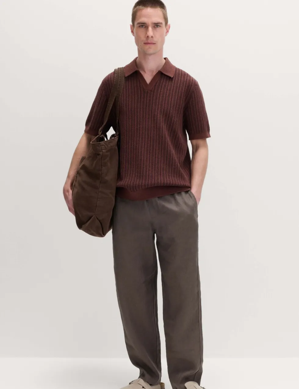 Boucle Striped Open Neck Knitted Polo Shirt