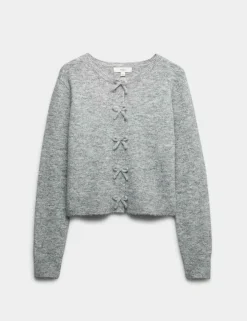 Bow Detail Cropped Cardigan With Wool