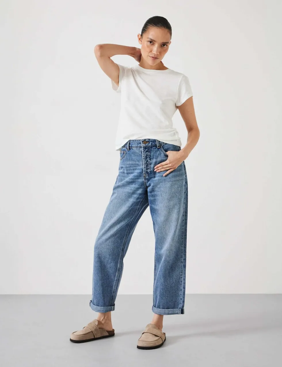 Boyfriend Mid Rise Cropped Turn Up Jeans