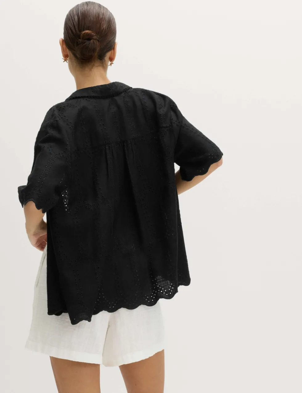 Broderie Collared Cutwork Detail Shirt with Linen