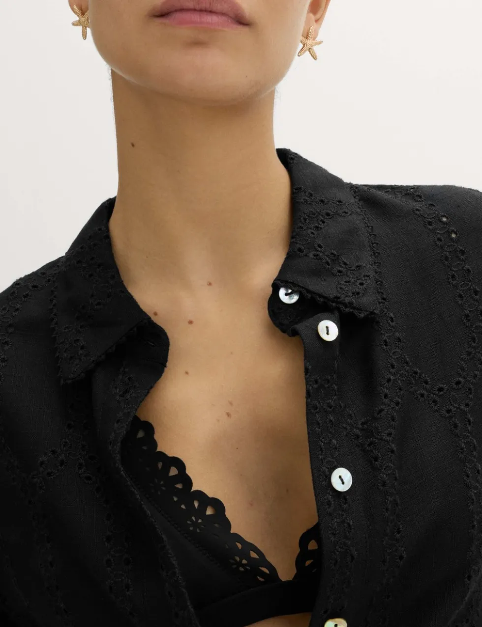 Broderie Collared Cutwork Detail Shirt with Linen