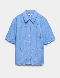 Broderie Collared Cutwork Detail Shirt with Linen