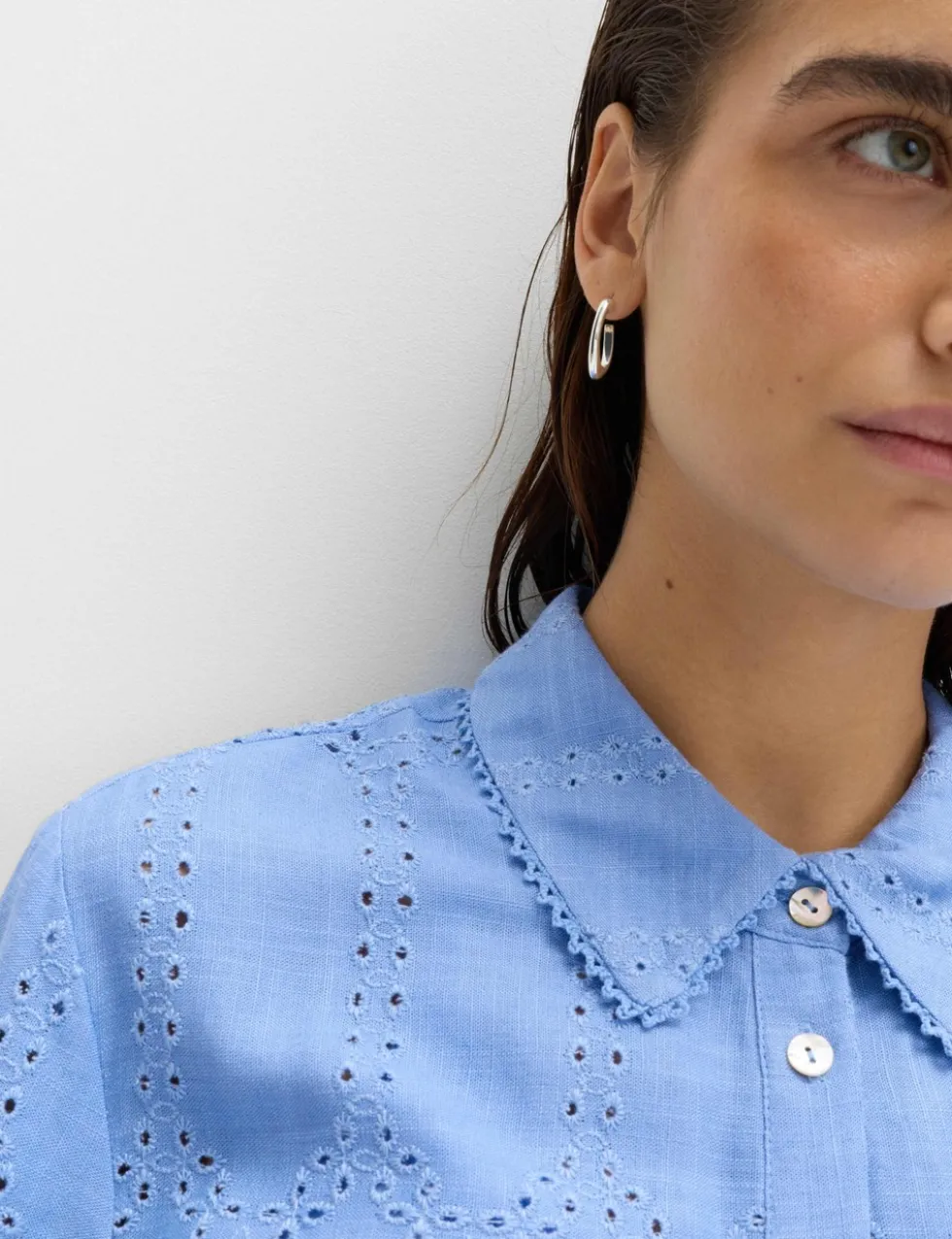 Broderie Collared Cutwork Detail Shirt with Linen