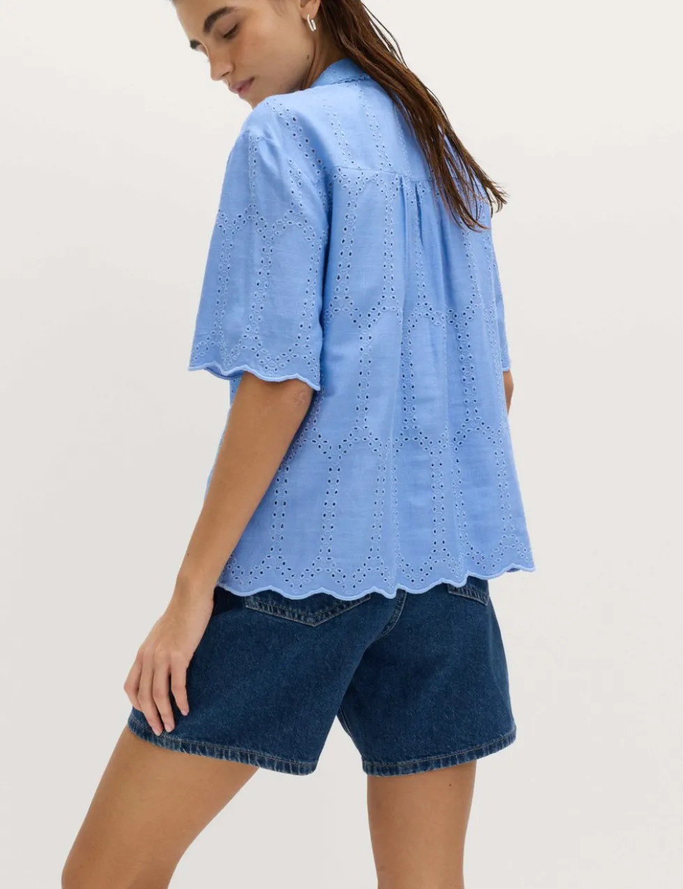 Broderie Collared Cutwork Detail Shirt with Linen