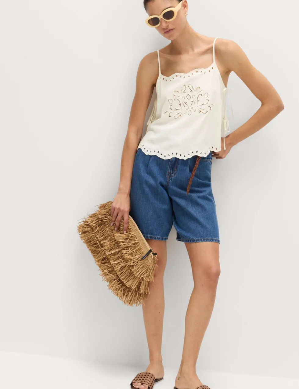 Broderie Tie Side Cami Top with Linen