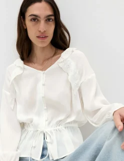 Broderie V-Neck Frill Detail Blouse