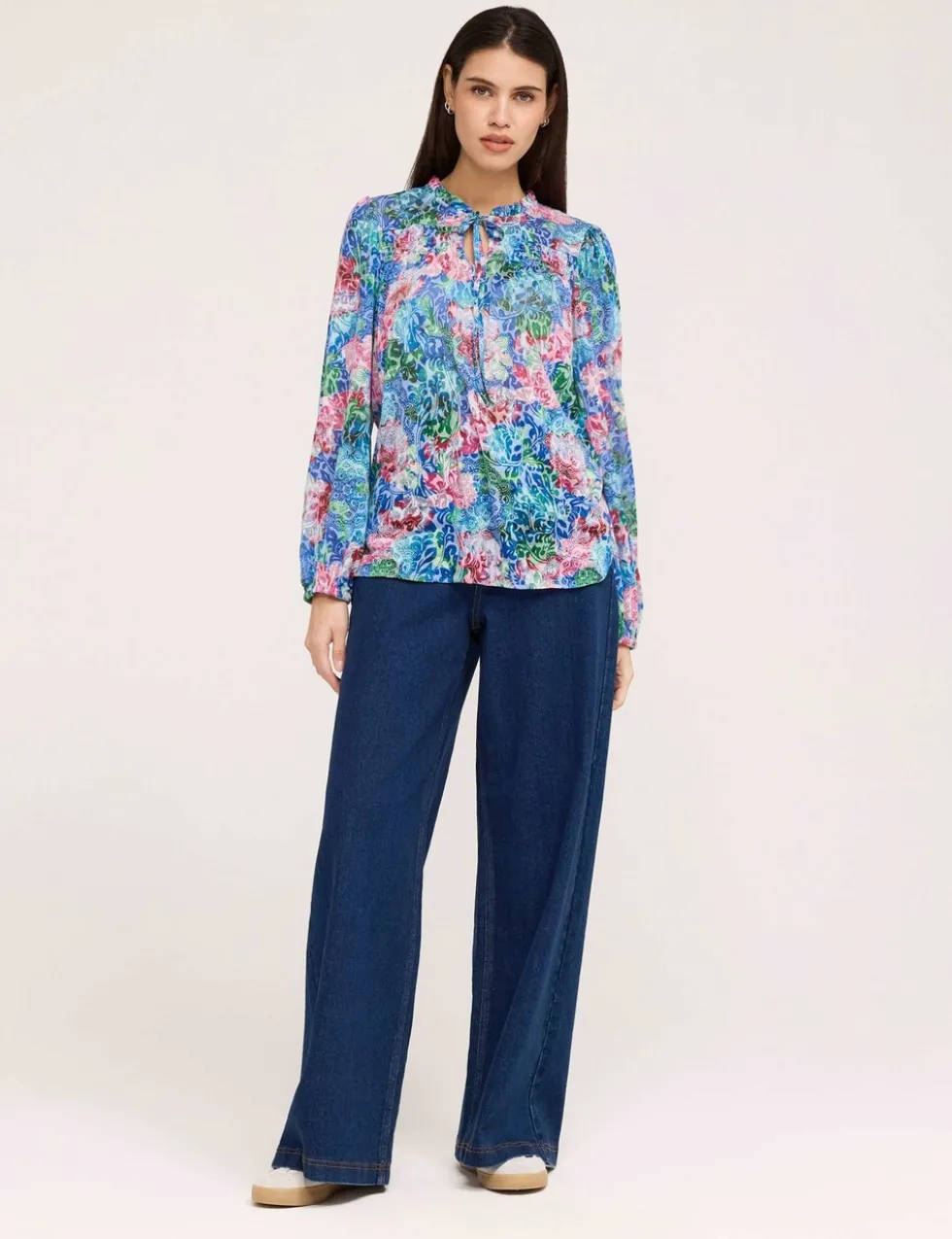 Burnout Jersey Floral Tie Neck Blouse