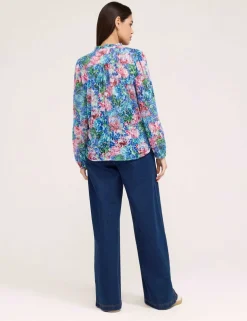 Burnout Jersey Floral Tie Neck Blouse