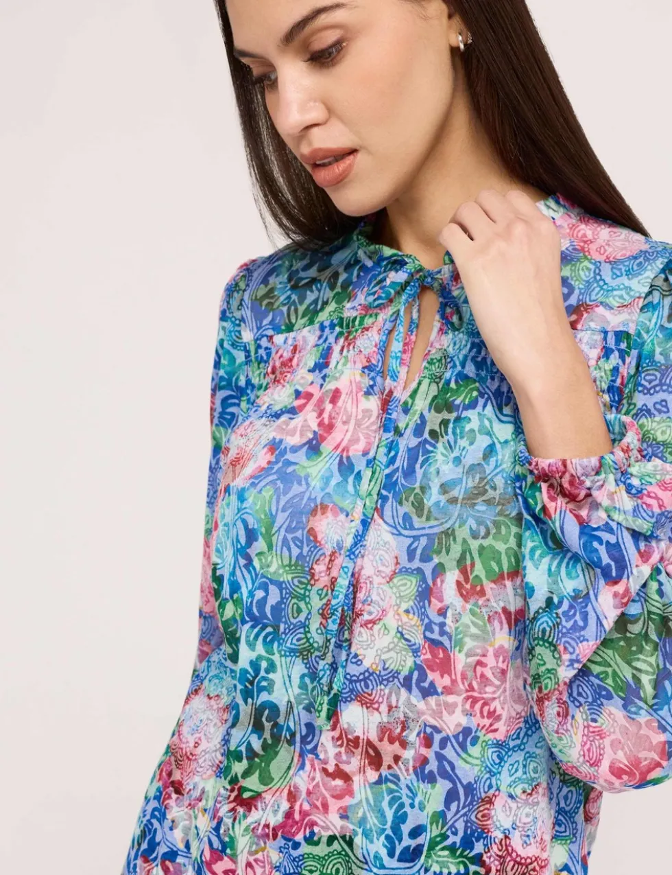 Burnout Jersey Floral Tie Neck Blouse