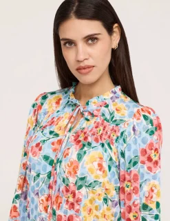 Burnout Jersey Floral Tie Neck Blouse