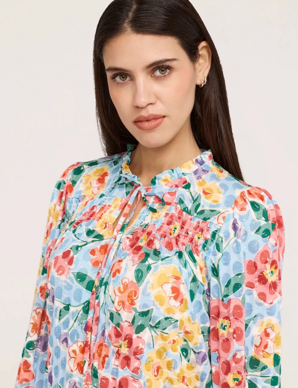 Burnout Jersey Floral Tie Neck Blouse