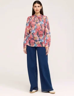 Burnout Jersey Floral Tie Neck Blouse