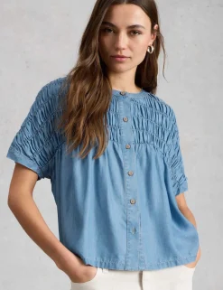 Chambray Gathered Button Through Blouse