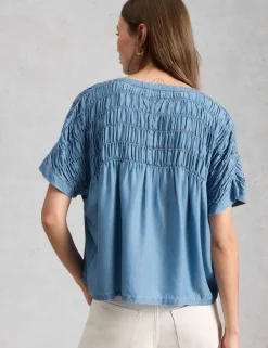 Chambray Gathered Button Through Blouse