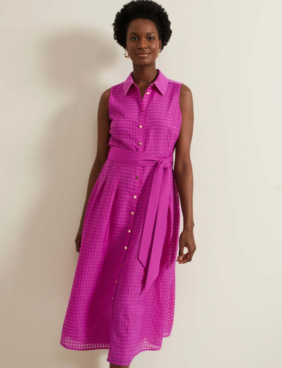 Checked Belted Midi Shirt Dress