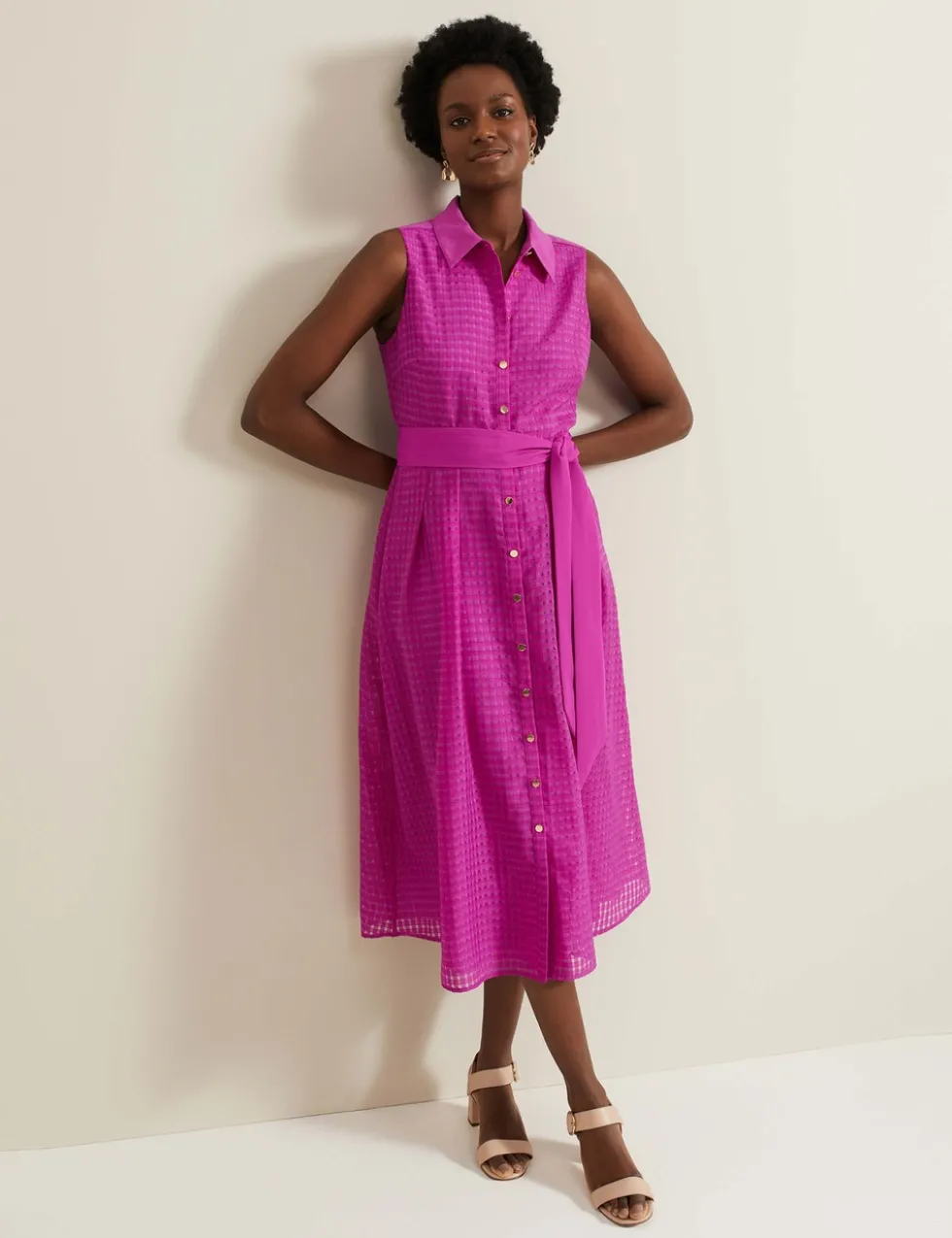 Checked Belted Midi Shirt Dress