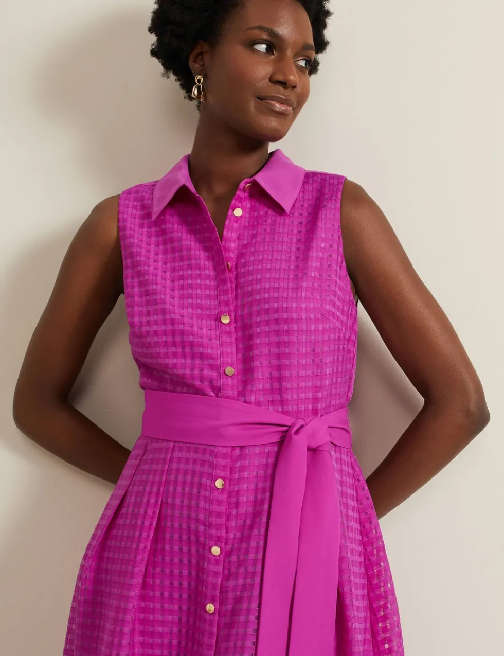 Checked Belted Midi Shirt Dress