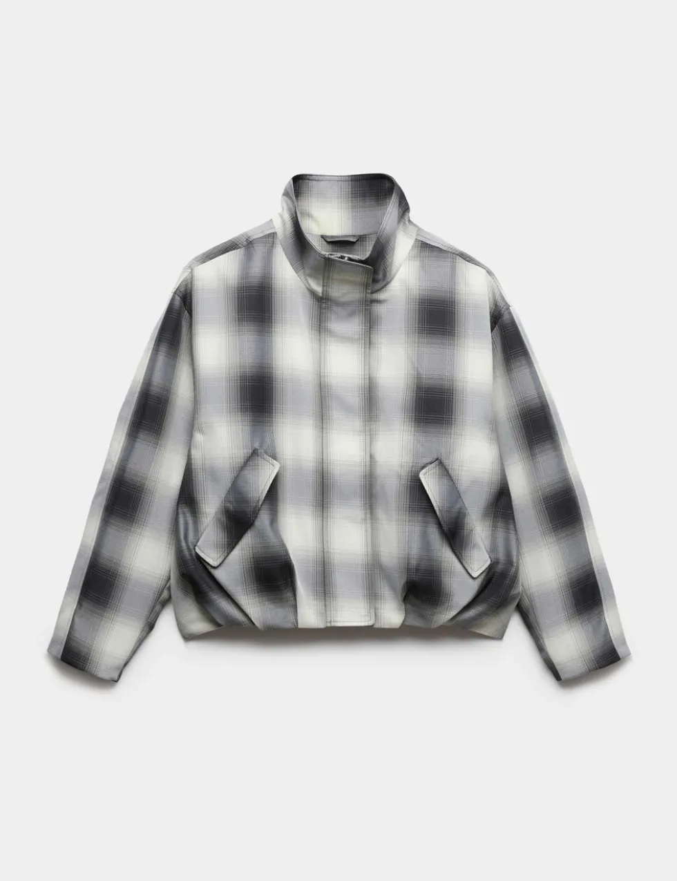 Checked Bubble Hem Funnel Neck Jacket