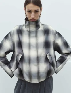 Checked Bubble Hem Funnel Neck Jacket