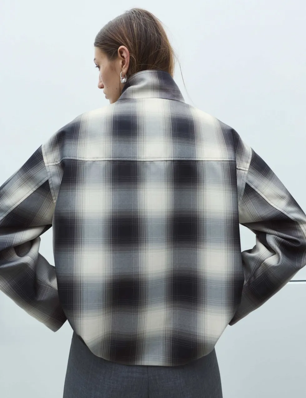 Checked Bubble Hem Funnel Neck Jacket