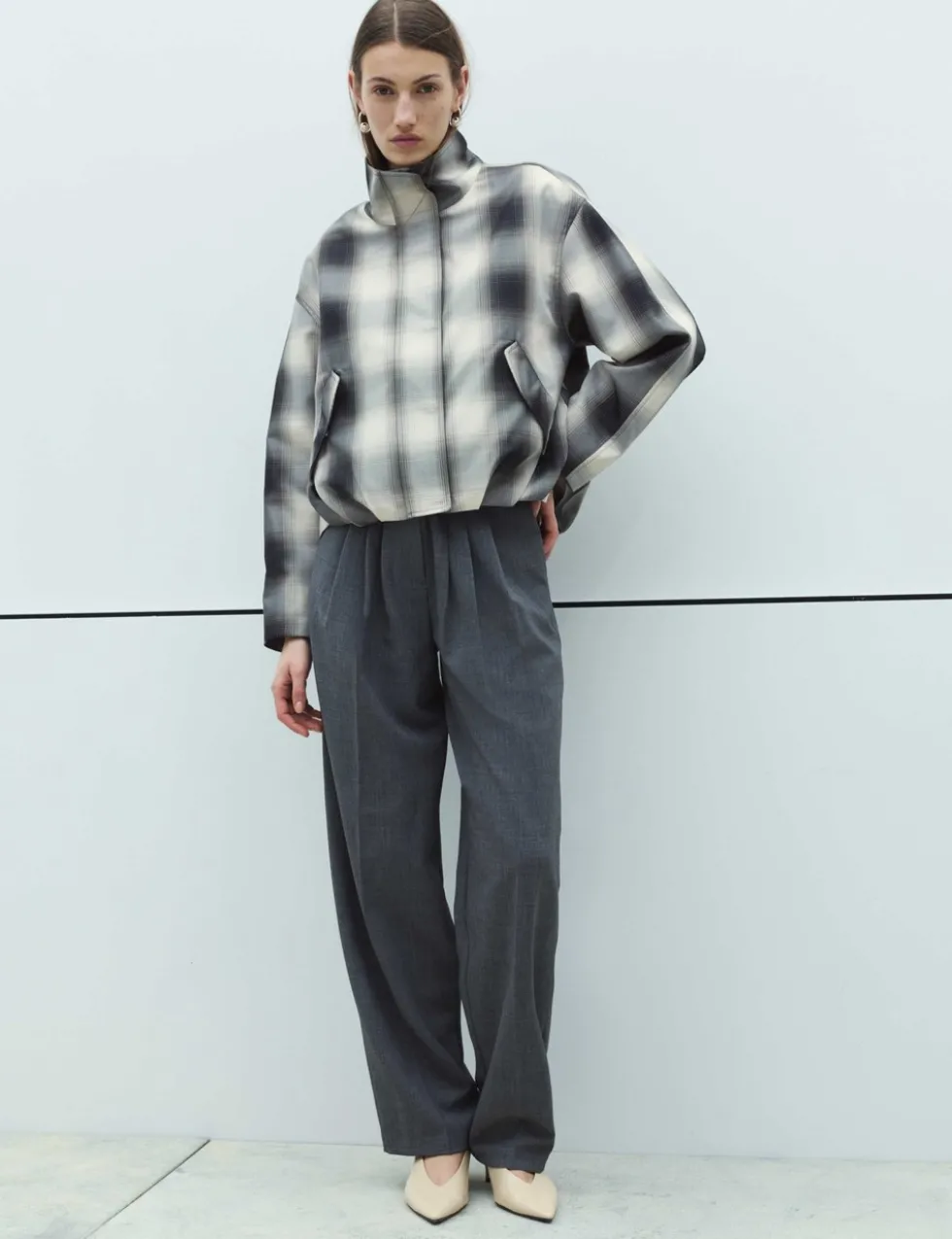 Checked Bubble Hem Funnel Neck Jacket