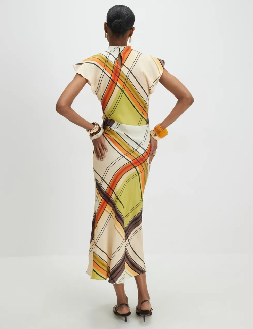 Checked Cowl Neck Midi Column Dress
