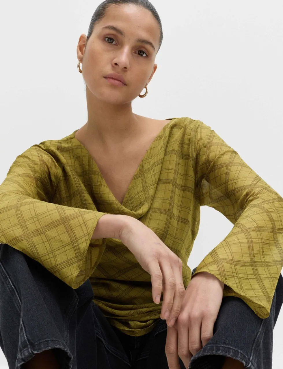 Checked Cowl Neck Top