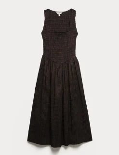 Checked Shirred Bodice Midi Skater Dress