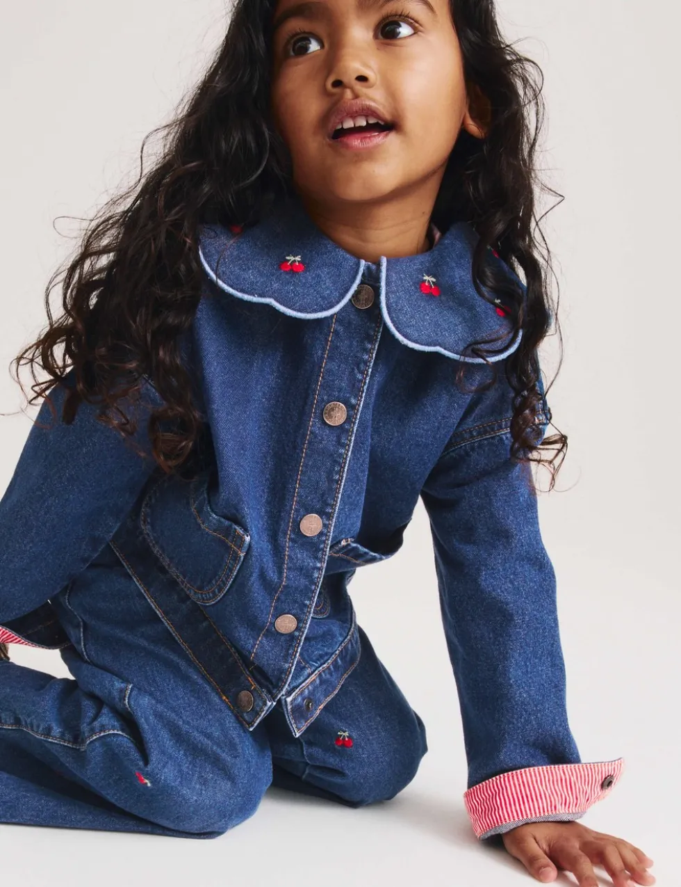 Cherry Embroidered Collar Denim Shacket (2-10 Yrs)