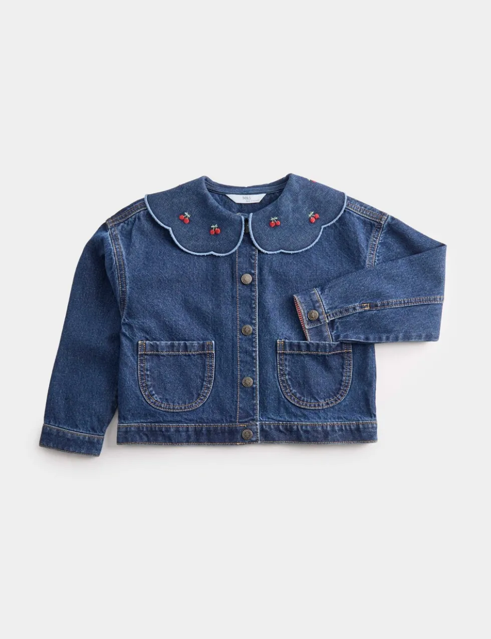Cherry Embroidered Collar Denim Shacket (2-10 Yrs)