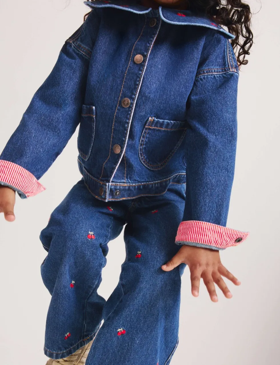 Cherry Embroidered Collar Denim Shacket (2-10 Yrs)