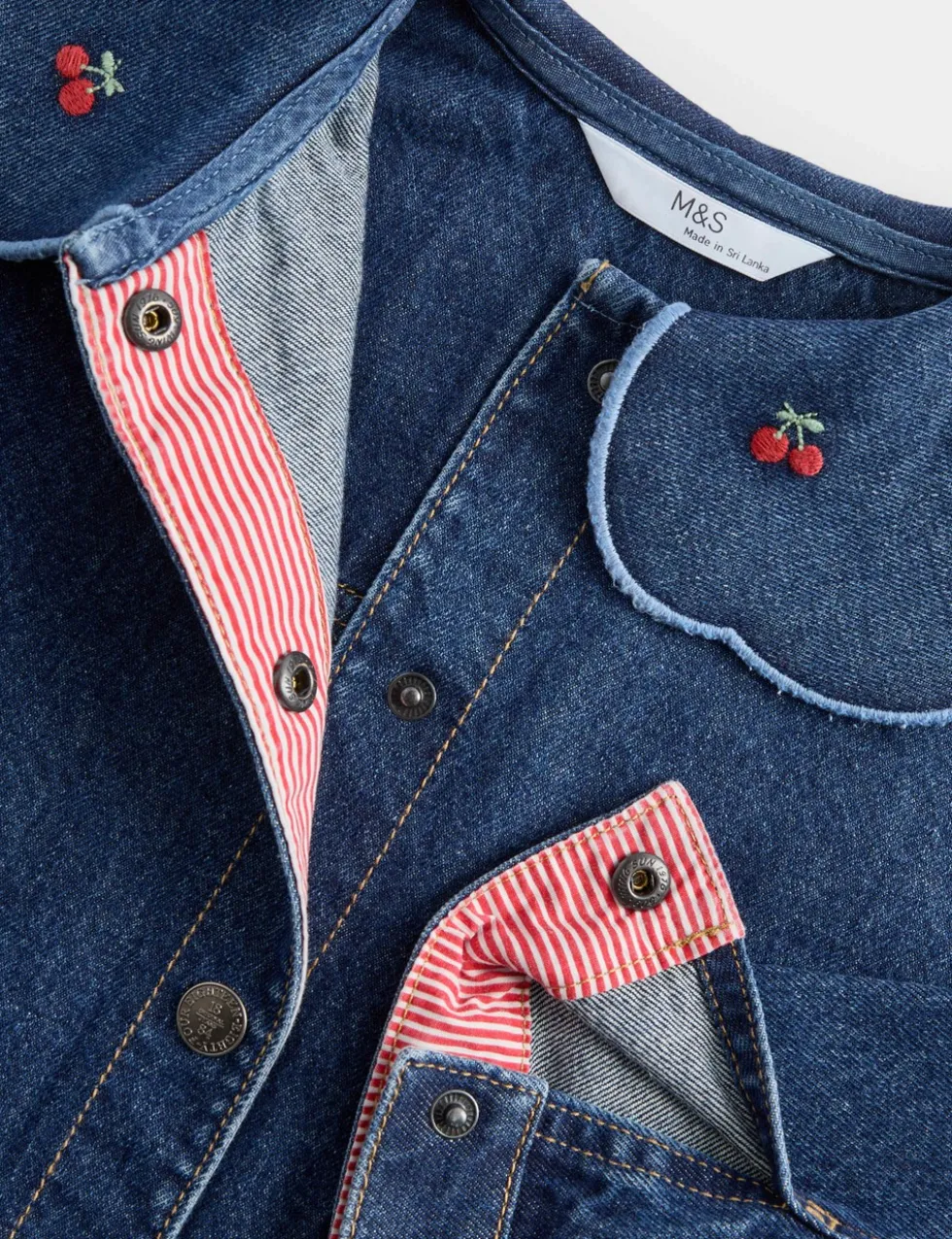 Cherry Embroidered Collar Denim Shacket (2-10 Yrs)