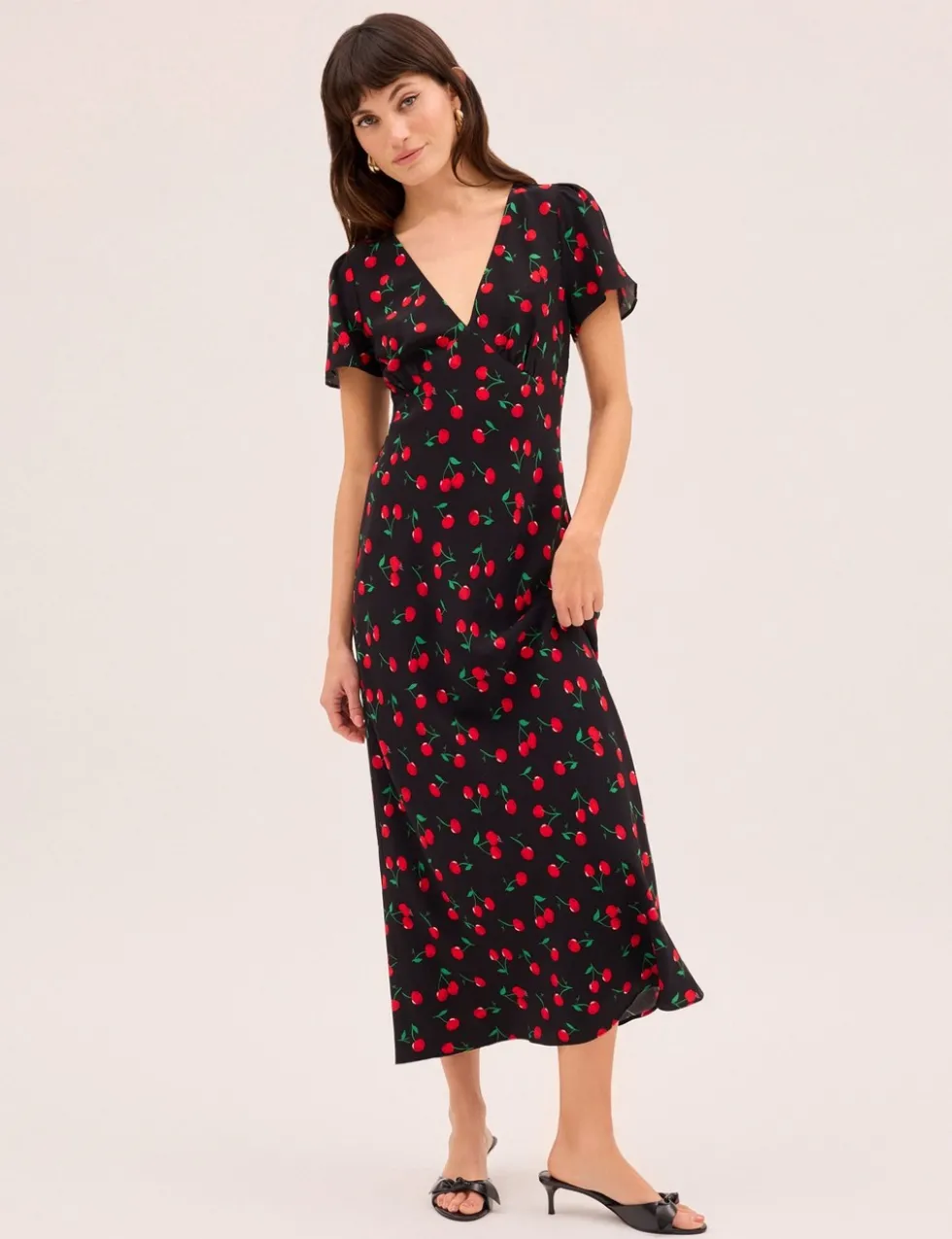 Cherry Print V-Neck Midaxi Waisted Dress