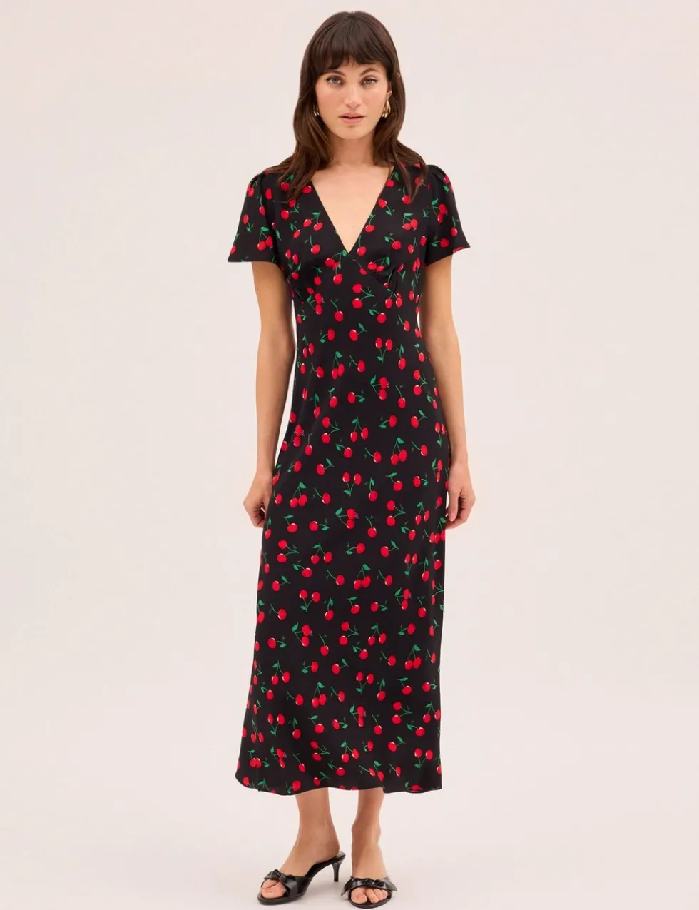 Cherry Print V-Neck Midaxi Waisted Dress