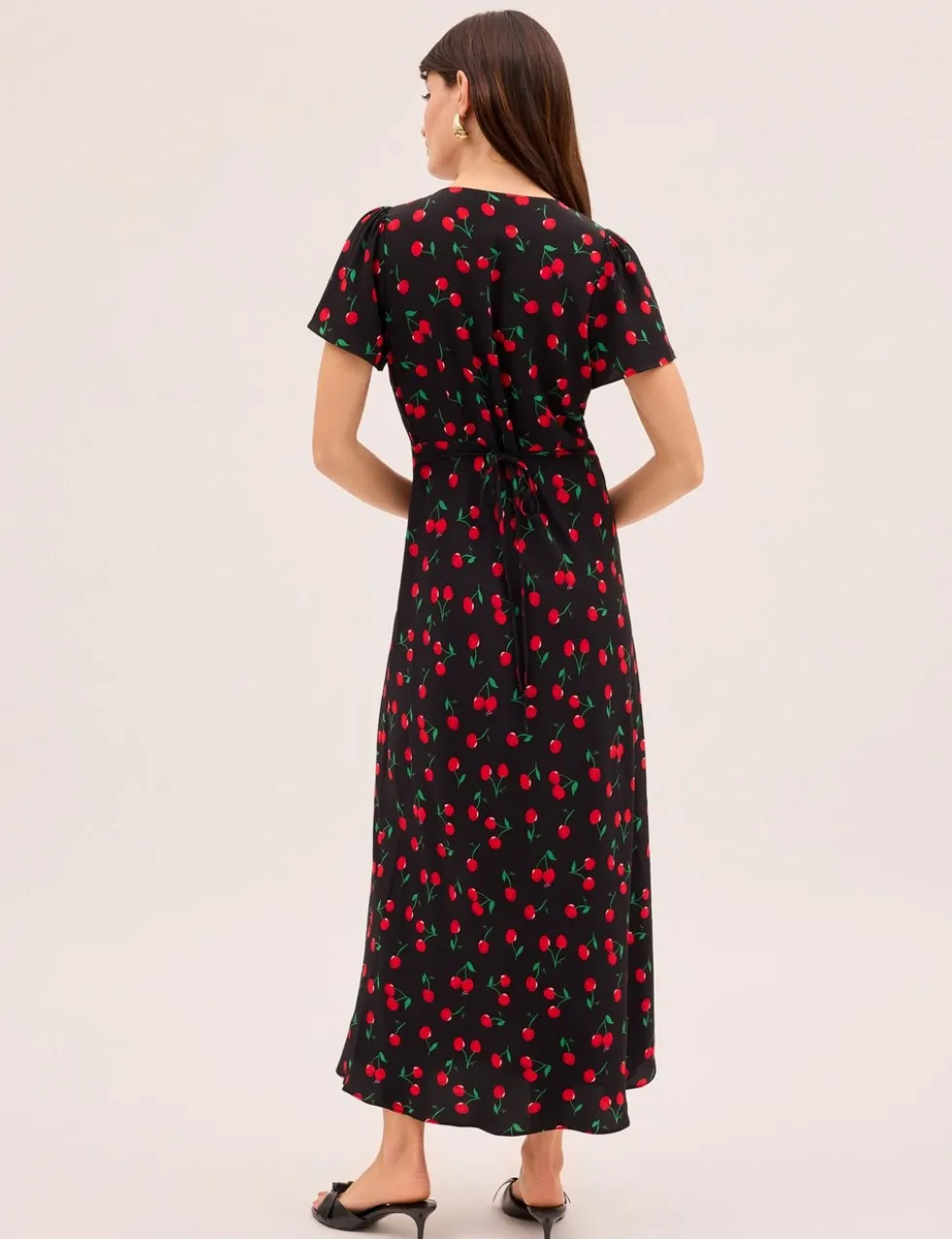 Cherry Print V-Neck Midaxi Waisted Dress