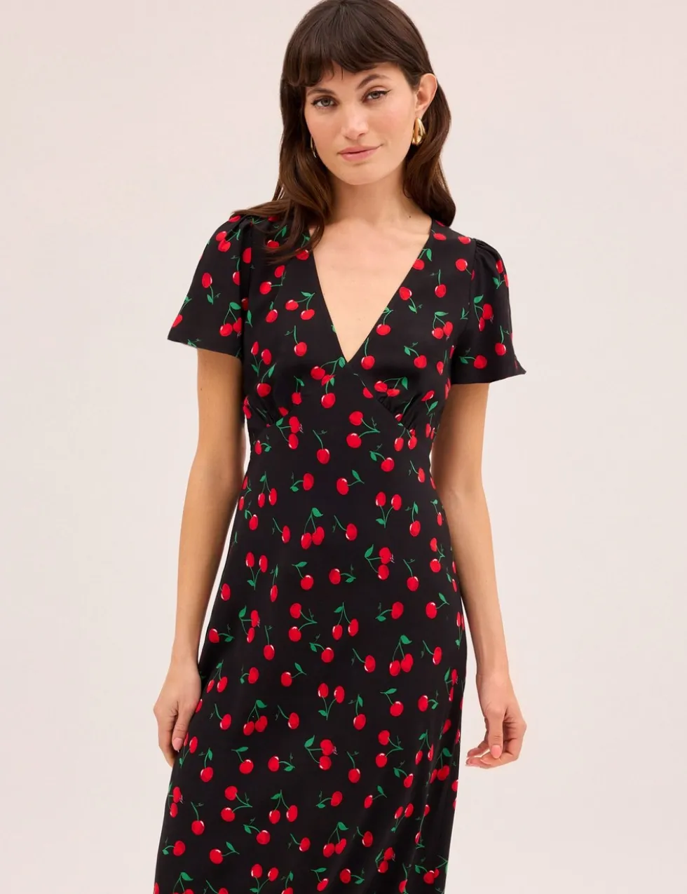 Cherry Print V-Neck Midaxi Waisted Dress