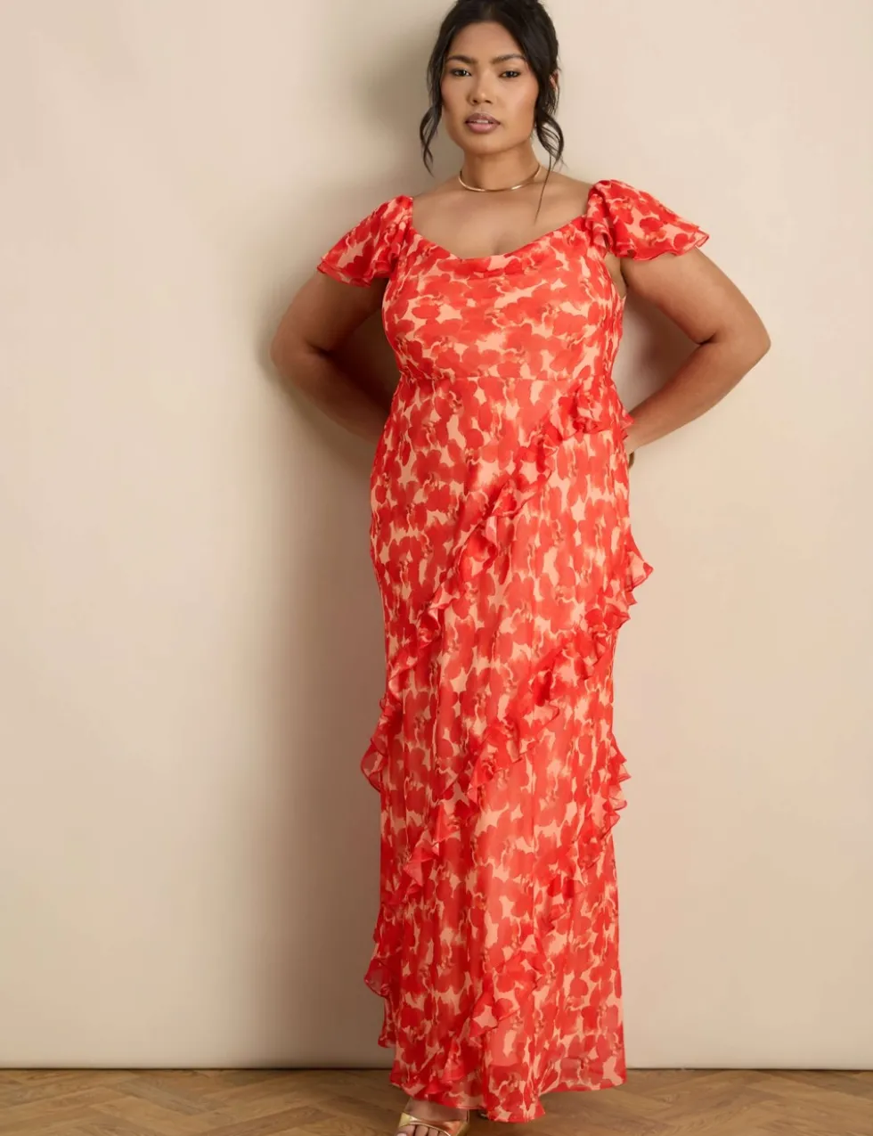 Chiffon Floral Ruffle Sleeve Maxi Dress