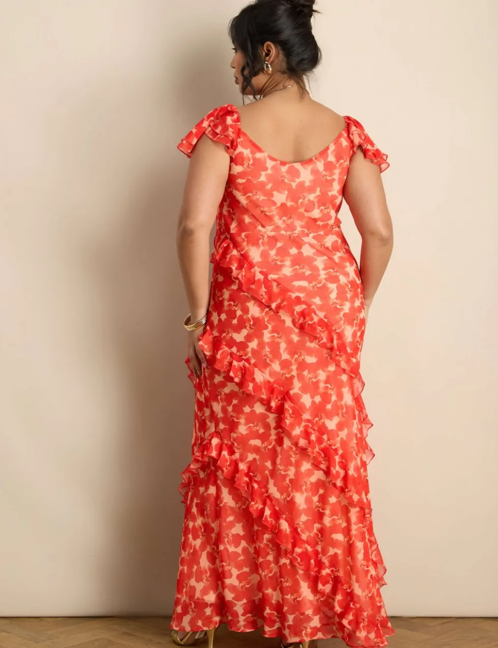 Chiffon Floral Ruffle Sleeve Maxi Dress
