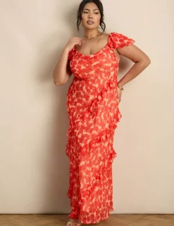 Chiffon Floral Ruffle Sleeve Maxi Dress